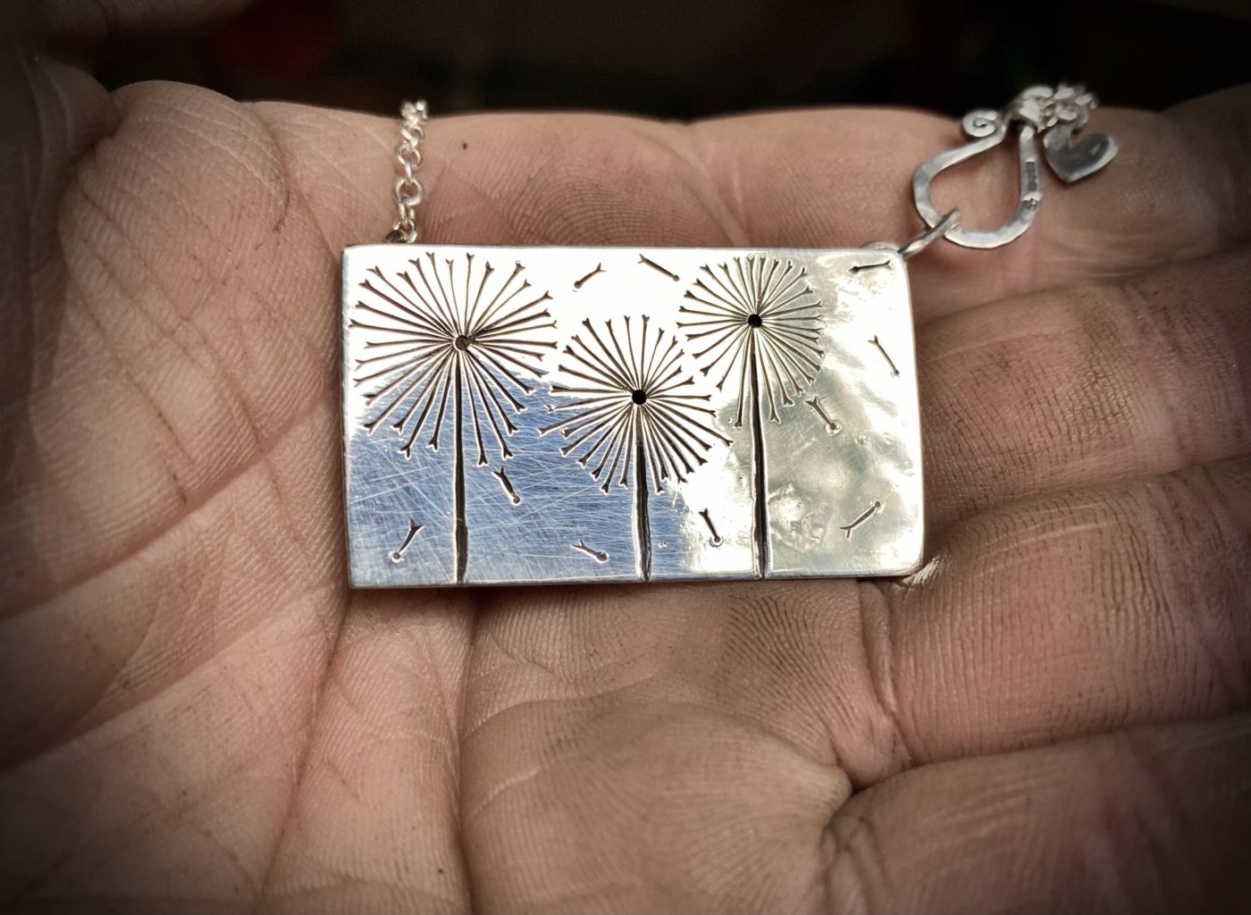 Handmade and upcycled sterling silver beautiful dandelion clock necklace