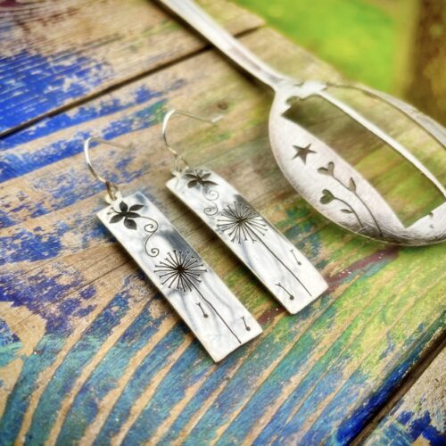 handcrafted and recycled spoon butterfly and dandelion clock earrings