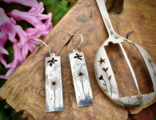 handcrafted and recycled spoon butterfly and dandelion clock earrings