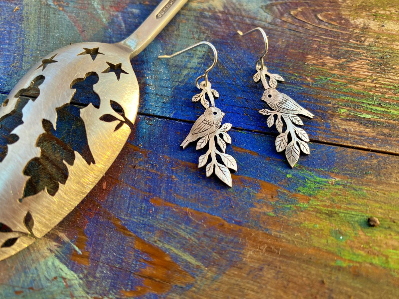 my friends in the trees handmade and recycled spoon bird earrings