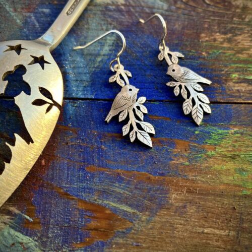 my friends in the trees handmade and recycled spoon bird earrings