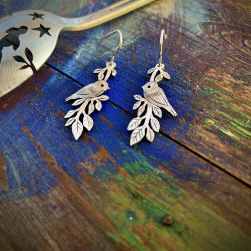 my friends in the trees handmade and recycled spoon bird earrings