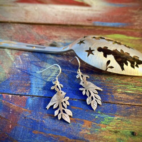 my friends in the trees handmade and recycled spoon bird earrings