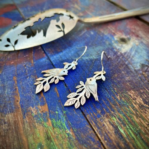 my friends in the trees handmade and recycled spoon bird earrings