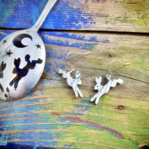 handmade and repurposed antique spoon leaping-hare earrings
