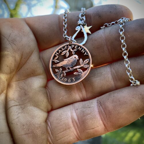 60th birthday 1963 half penny coin transformed Bird coin necklace - handmade and recycled Half Penny jewellery