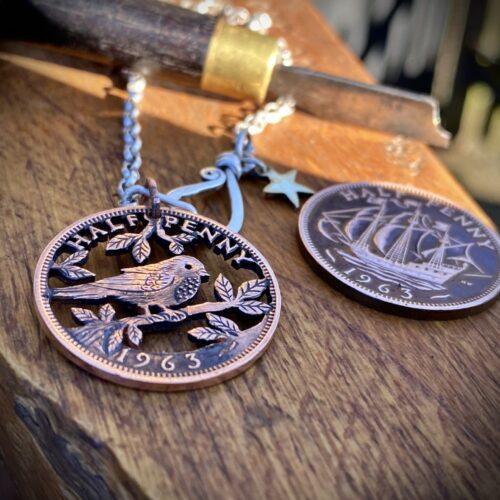 60th birthday 1965 half penny coin transformed Bird coin necklace - handmade and recycled Half Penny jewellery