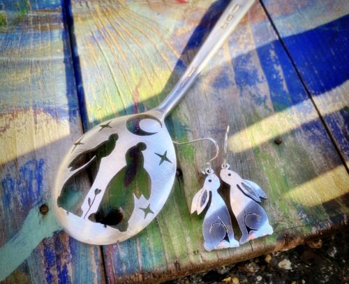 handmade and upcycled antique spoon moon gazing hare earrings