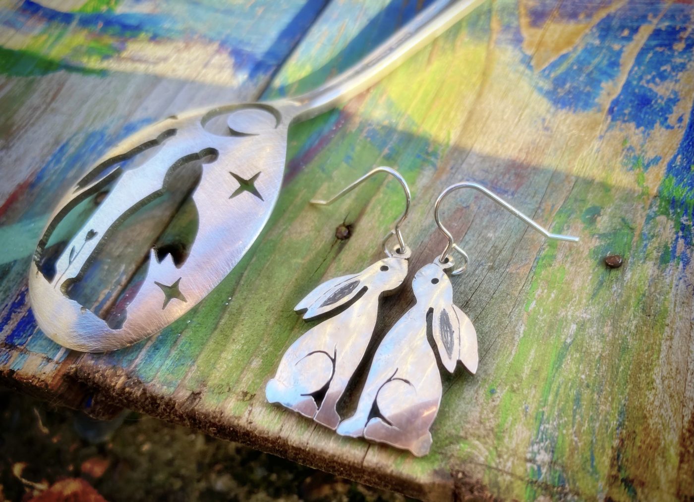 handmade and upcycled antique spoon moon gazing hare earrings