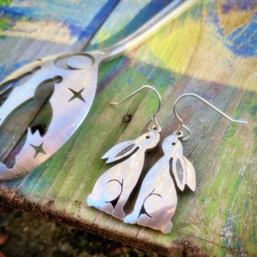 handmade and upcycled antique spoon moon gazing hare earrings