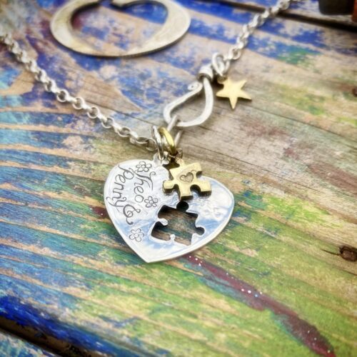 handmade and recycled silver coin love heart jigsaw necklace pendant