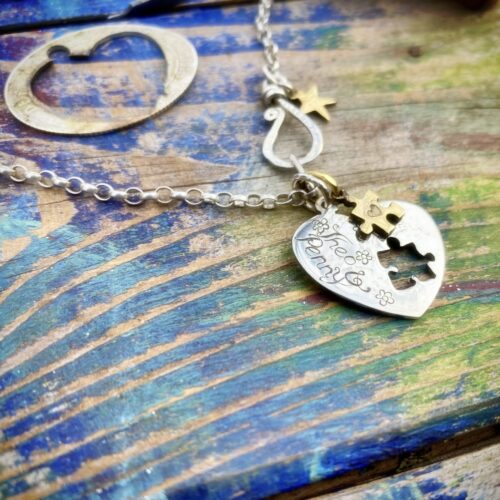 handmade and recycled silver coin love heart jigsaw necklace pendant