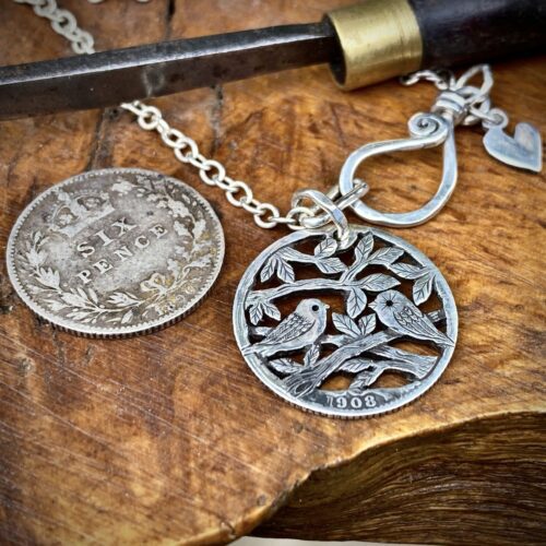 hand crafted and upcycled silver sixpence coin tweet together necklace