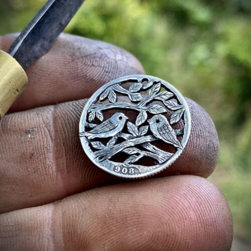 hand crafted and upcycled silver sixpence coin tweet together necklace