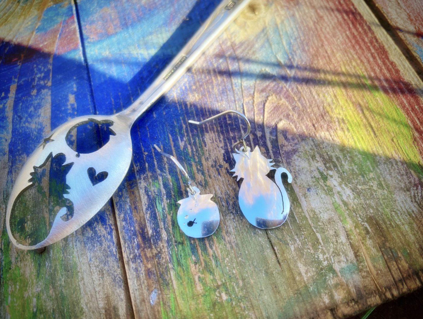 handcrafted and upcycled spoon cat and fish bowl earrings