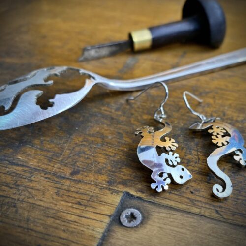gecko earrings handmade and up cycled from a spoon