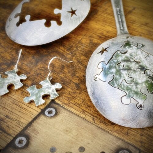 Jigsaw earrings - handmade and ethical, crafted from an recycled vintage spoon