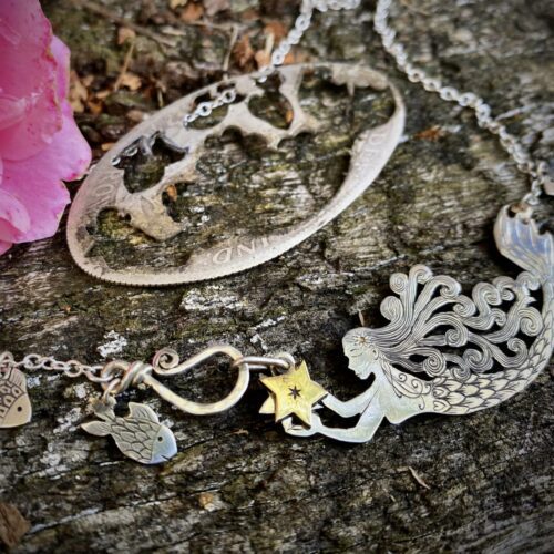 mermaid necklace handcrafted and recycled from silver coin
