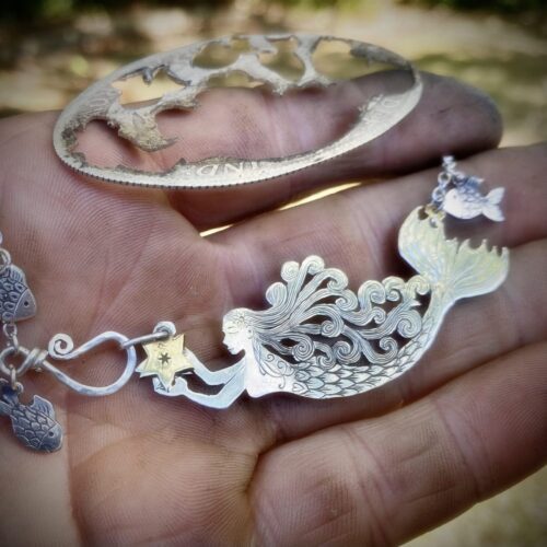 mermaid necklace handcrafted and recycled from silver coin