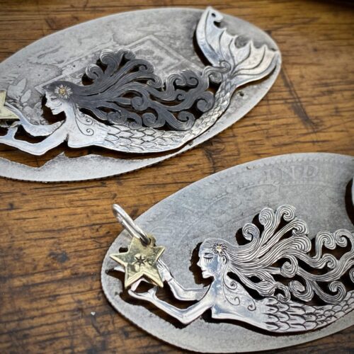 mermaid necklace handcrafted and recycled from silver coin