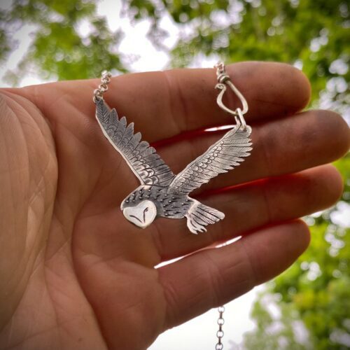 owl necklace handcrafted and recycled silver coin made in Cambridge