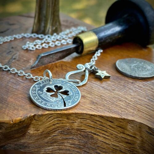Handmade and repurposed lucky silver sixpence coin necklace pendant