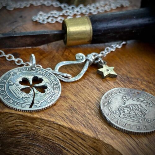Handmade and repurposed lucky silver sixpence coin necklace pendant