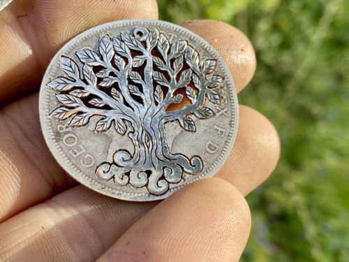 tree of life necklace made from recycled silver coins