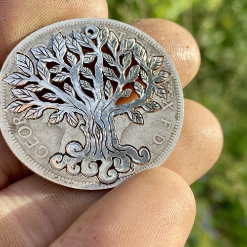 tree of life necklace made from recycled silver coins