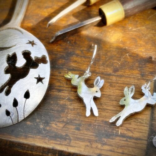 handmade and repurposed antique spoon leaping-hare earrings