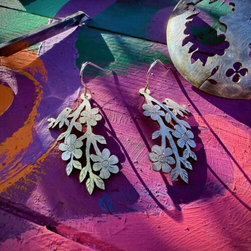 cherry blossom and birds earrings recycled from vintage spoons
