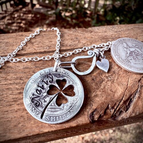 Handcrafted and recycled lucky silver shilling coin necklace pendant