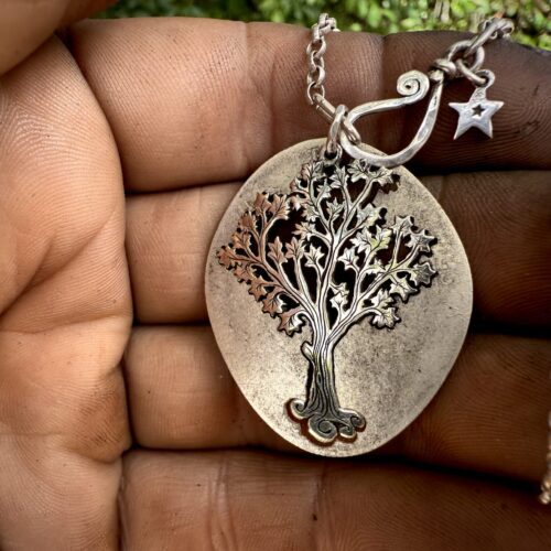 Handmade and upcycled silver Maple tree necklace