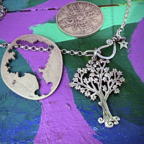 Handmade and upcycled silver Maple tree necklace