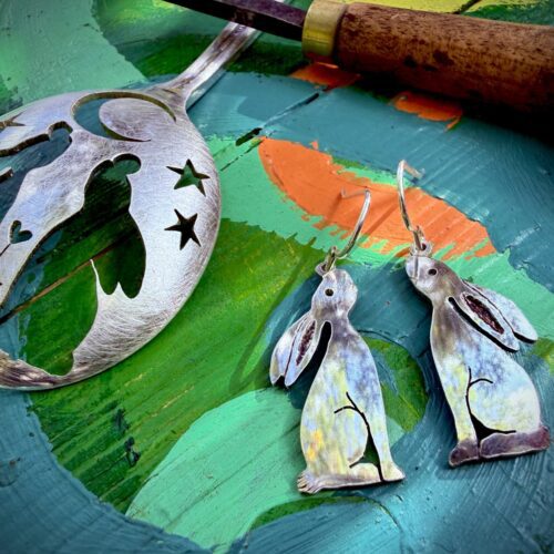 handmade and upcycled antique spoon moon gazing hare earrings