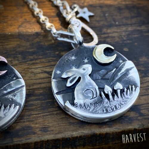 Harvest Moon Gazing hare necklace moon gazing hare necklace handcrafted and recycled from three silver shilling coins all over 100 years old. Winter Moon