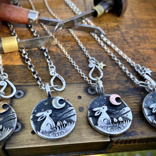 Moon Gazing hare necklace moon gazing hare necklace handcrafted and recycled from three silver shilling coins all over 100 years old