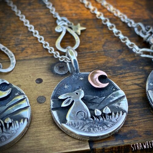 Strawberry Moon Gazing hare necklace moon gazing hare necklace handcrafted and recycled from three silver shilling coins all over 100 years old