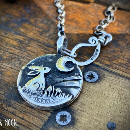 Winter Moon Gazing hare necklace moon gazing hare necklace handcrafted and recycled from three silver shilling coins all over 100 years old