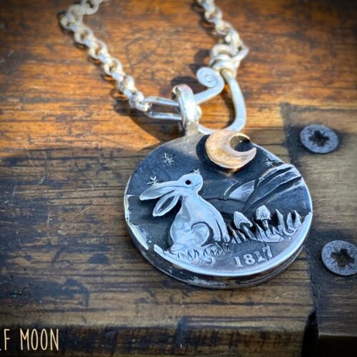 Wolf Moon Gazing hare necklace moon gazing hare necklace handcrafted and recycled from three silver shilling coins all over 100 years old