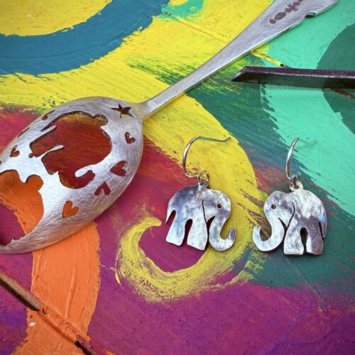 handmade and repurposed antique spoon elephant earrings
