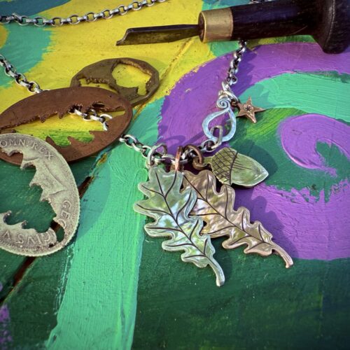 Handcrafted and recycled oak leaves and acorn necklace sustainably handmade entirely from old coins