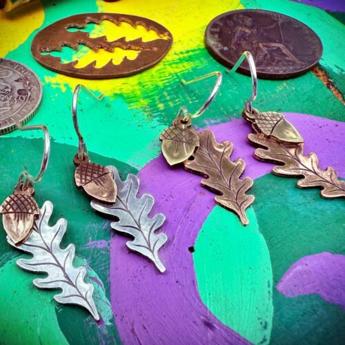 oak leaf leaves and acorns earrings sustainably handmade using recycled raw materials such as silver coins