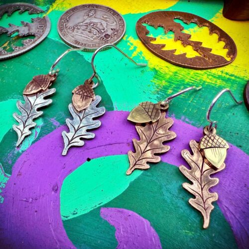 oak leaf leaves and acorns earrings sustainably handmade using recycled raw materials such as silver coins