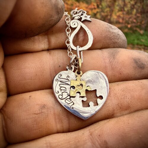 handmade and recycled silver coin love heart jigsaw necklace pendant