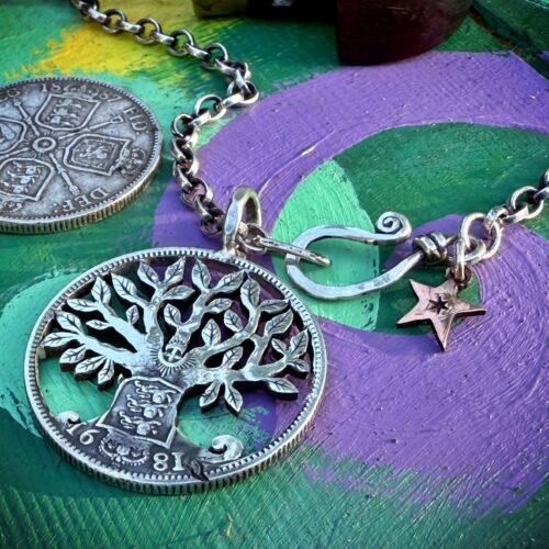 Handcrafted and recycled Three Lions Tree of Life silver coin pendant necklace