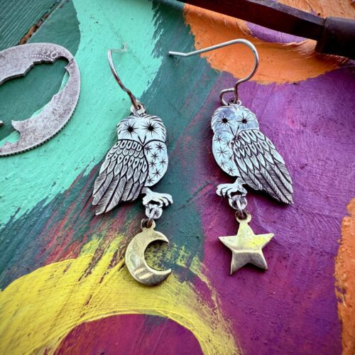 Sustainable handmade, ethical, climate conscious jewellery owl earrings