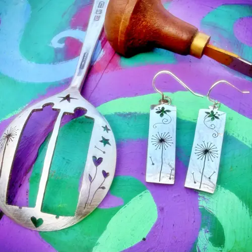 handcrafted and recycled spoon butterfly and dandelion clock earrings