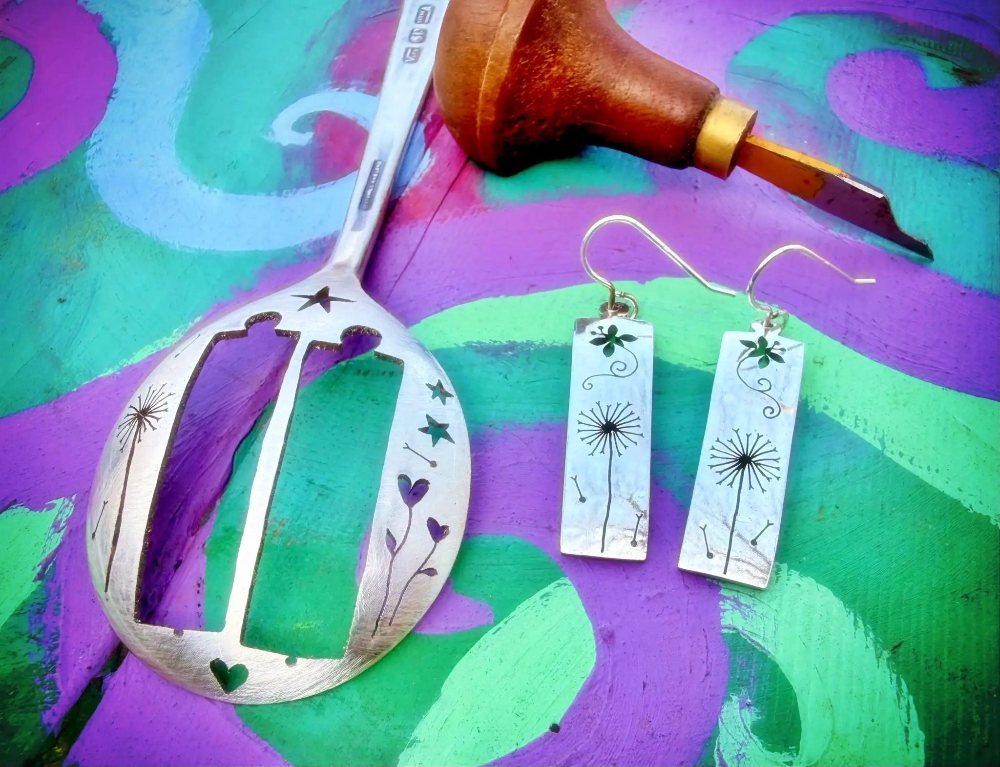 handcrafted and recycled spoon butterfly and dandelion clock earrings