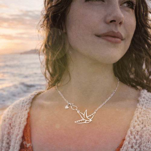 swallow necklace freedom and love jewellery handmade and recycled silver coins, spoons and forks